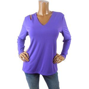 INC Top L Purple Shirt Cut Our Detail Stretch V-Neck Blouse Long Sleeves